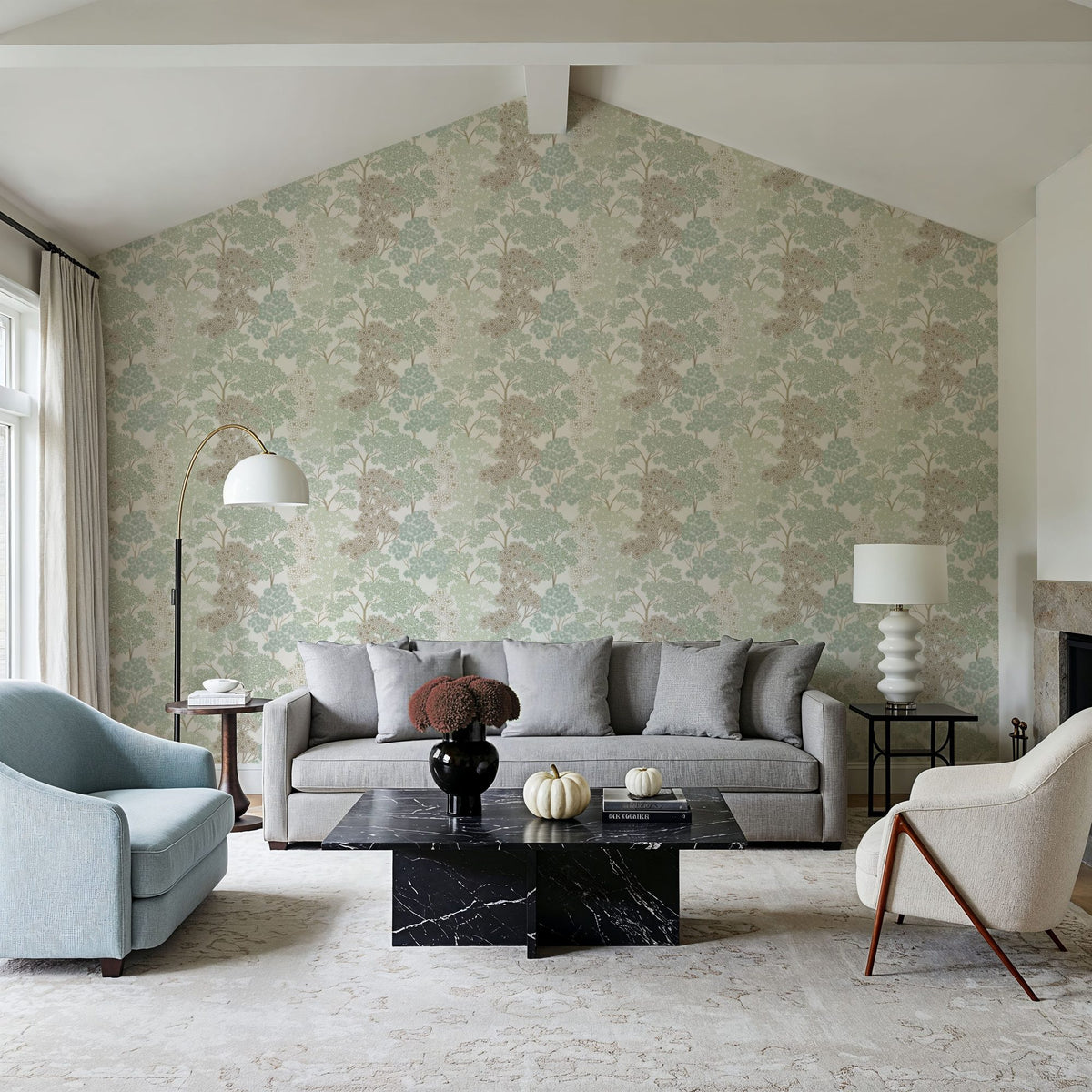 Overleaf Woodland Pattern, Light Green Mural Wallpaper - room preview 04