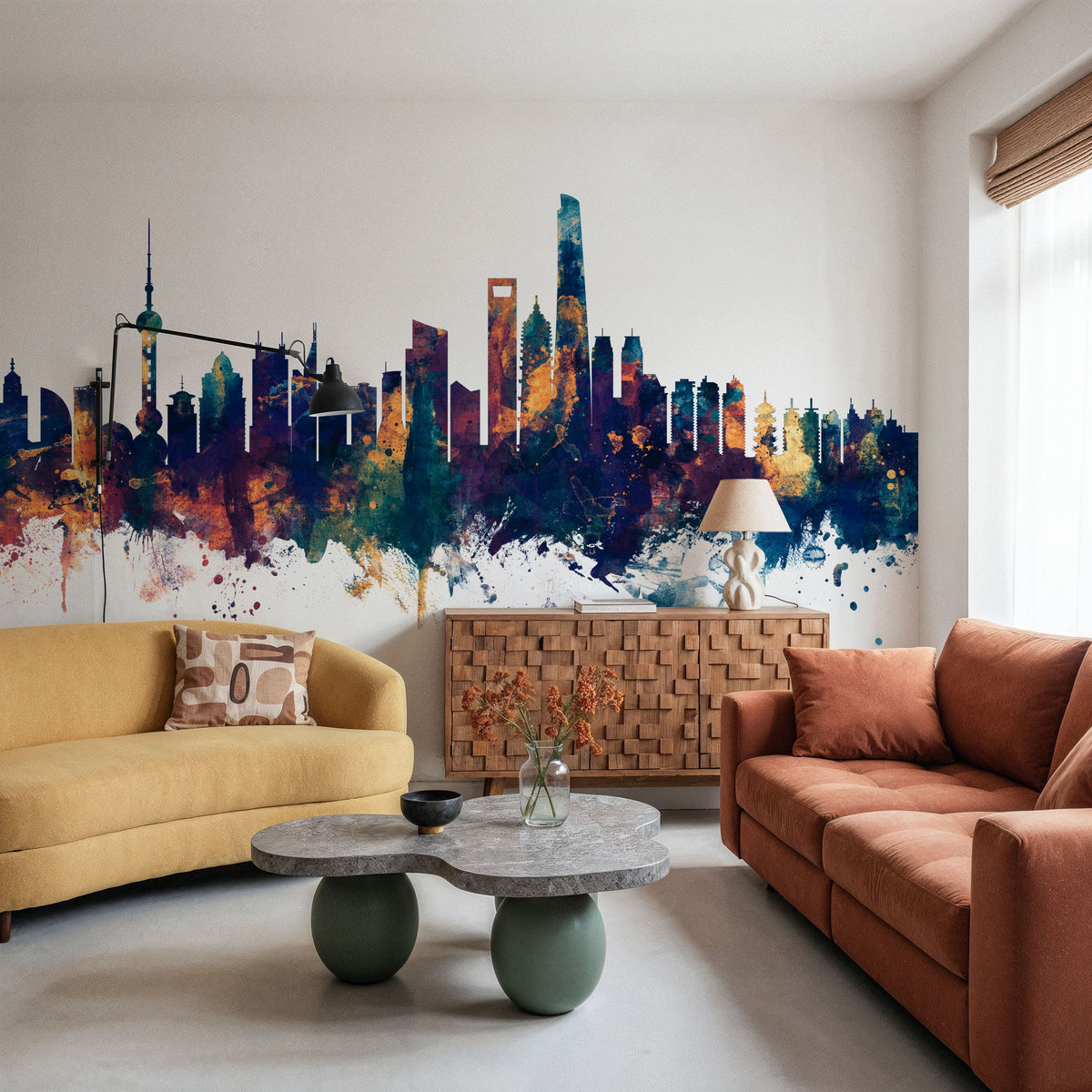 Shanghai China Skyline Blue & Bronze Mural Wallpaper - room preview 04