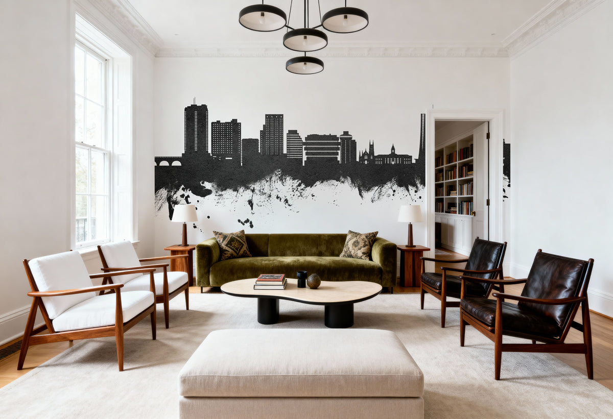 Stamford Connecticut Skyline Black & White Mural Wallpaper - room preview 04