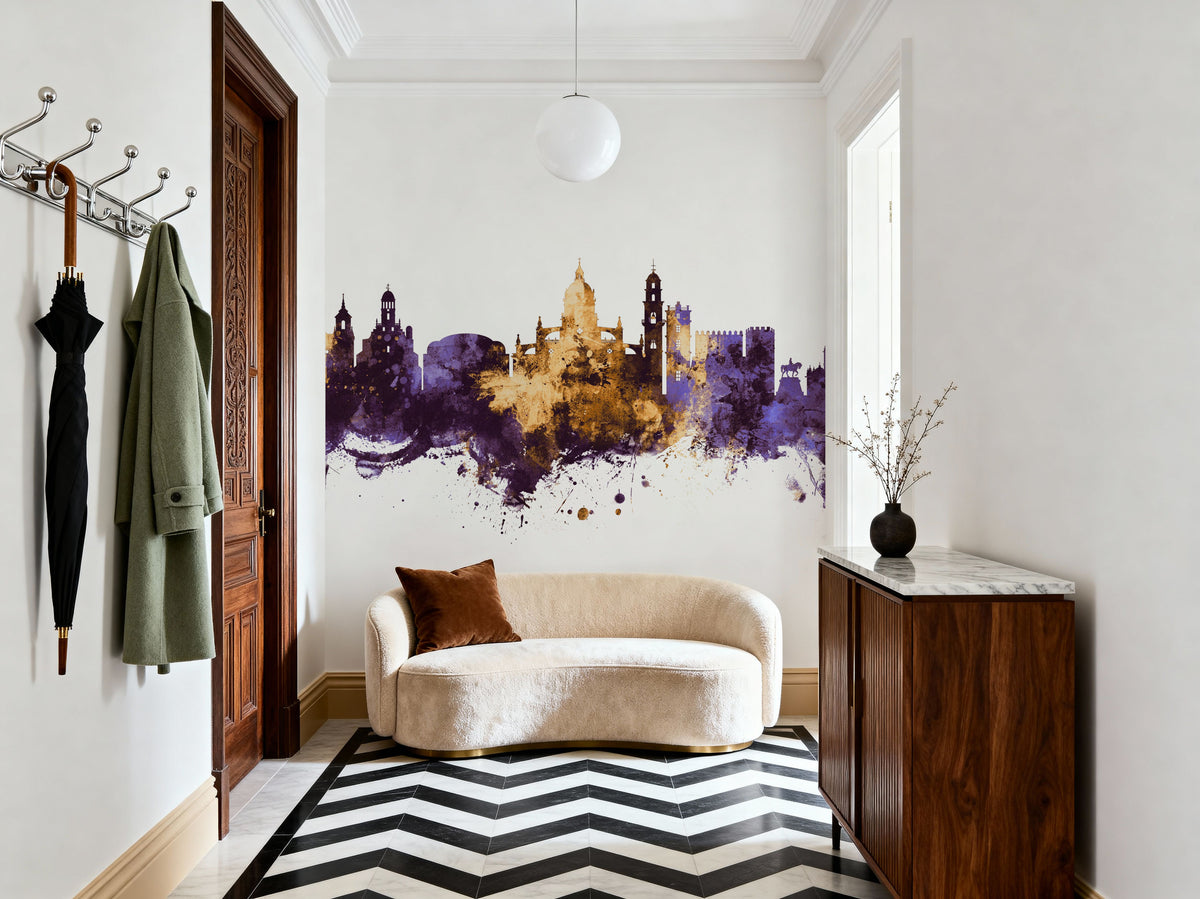 Jerez Spain Skyline Purple & Gold Mural Wallpaper - room preview 04