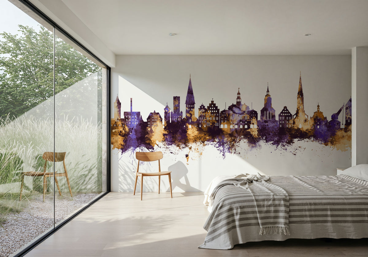 Lüneburg Germany Skyline Purple & Gold Mural Wallpaper - room preview 04