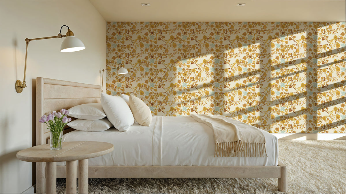Miracle Blossoms and Birds, Yellow Mural Wallpaper - room preview 04