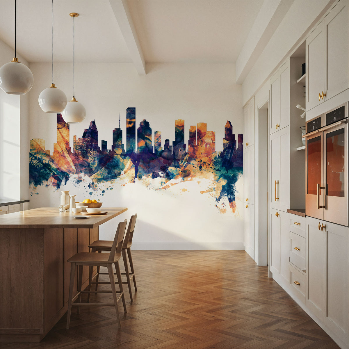 Houston Skyline Blue & Bronze Mural Wallpaper - room preview 04