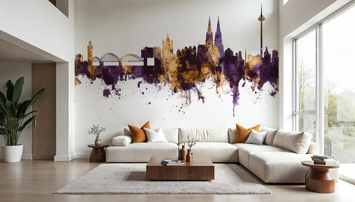 Cologne Germany Skyline Purple & Gold Mural Wallpaper - room preview 04