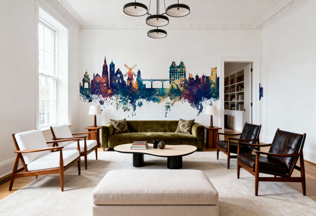 Scarborough England Skyline Blue & Bronze Mural Wallpaper - room preview 04