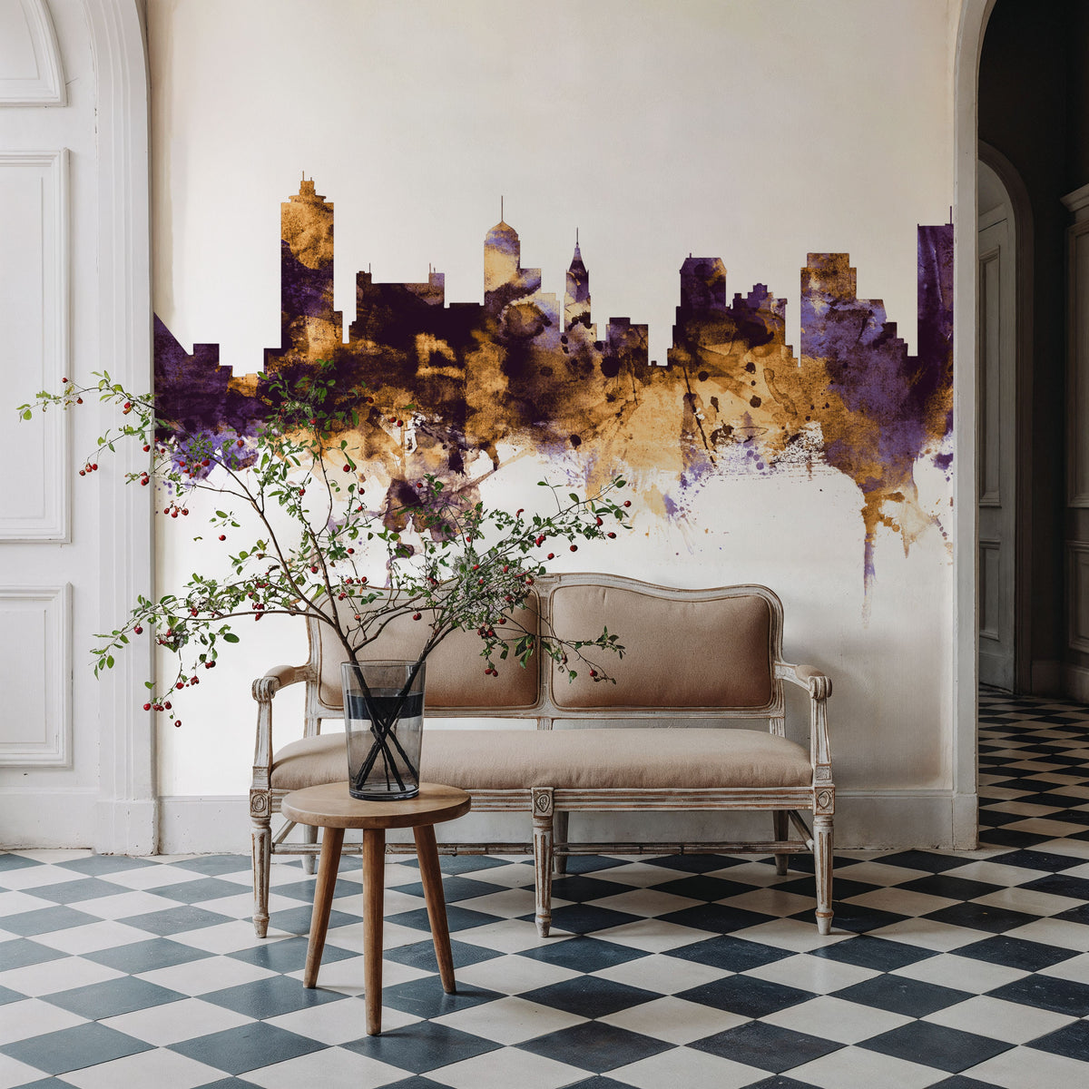 Memphis Tennessee Skyline Purple & Gold Mural Wallpaper - room preview 04