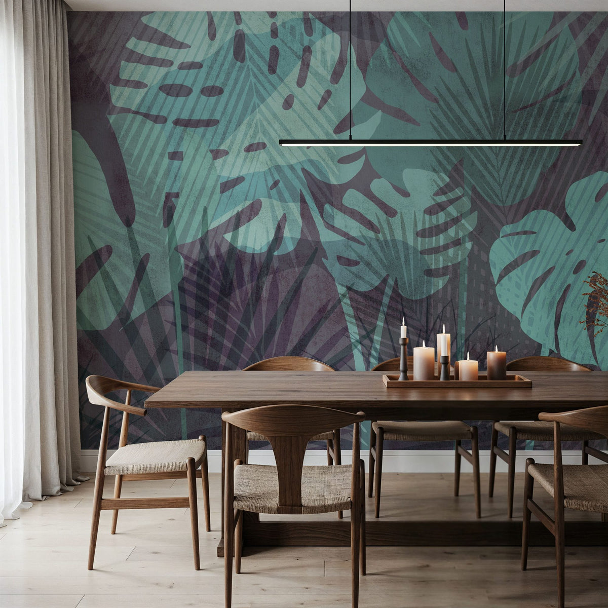 Big Monstera Leaves, Cyan Mural Wallpaper - room preview 04