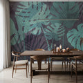 Big Monstera Leaves, Cyan Mural Wallpaper - room preview 04