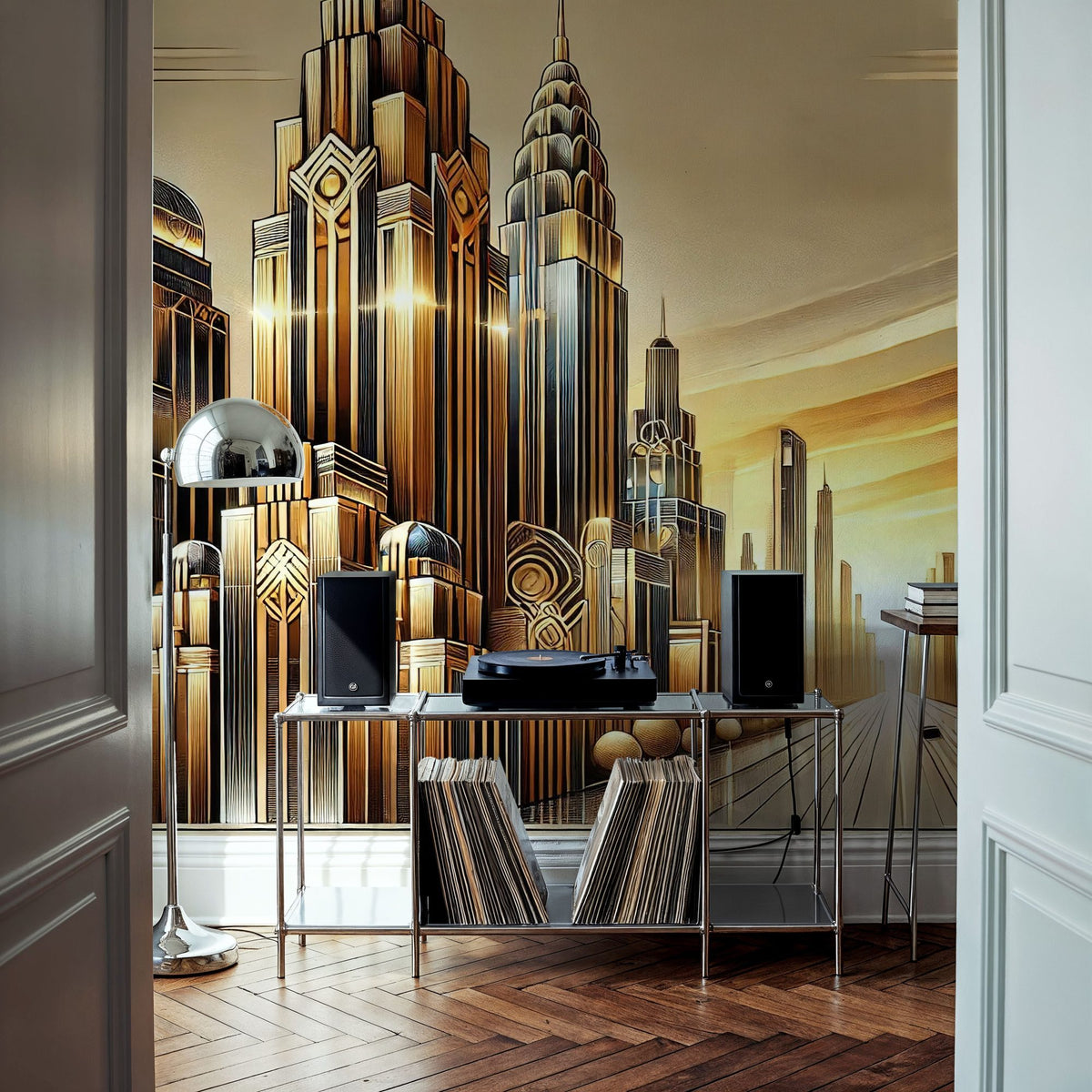 Golden City Skyline At Sunset in Art Deco Mural Wallpaper - room preview 04