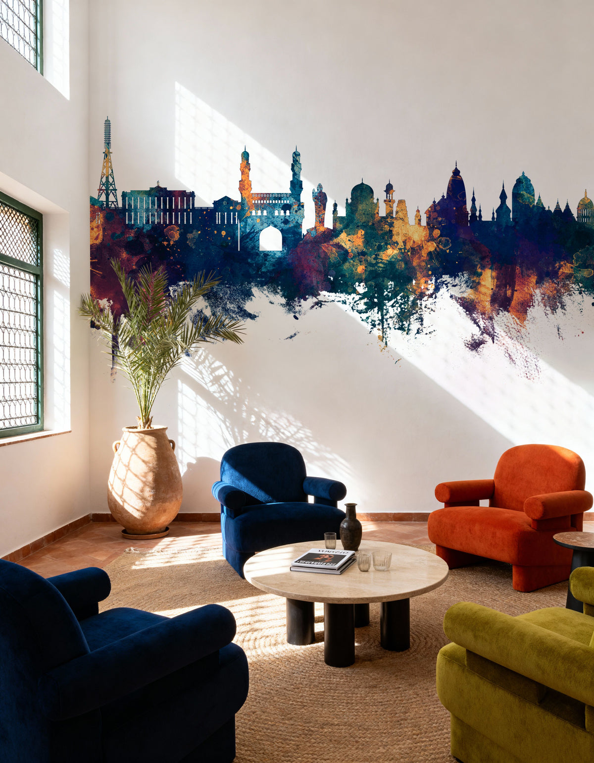 Hyderabad Skyline Blue & Bronze Mural Wallpaper - room preview 04