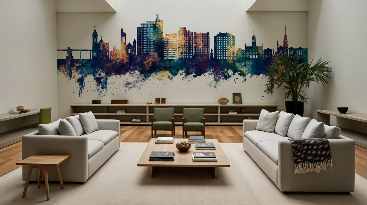 Portland Maine Skyline Blue & Bronze Mural Wallpaper - room preview 04