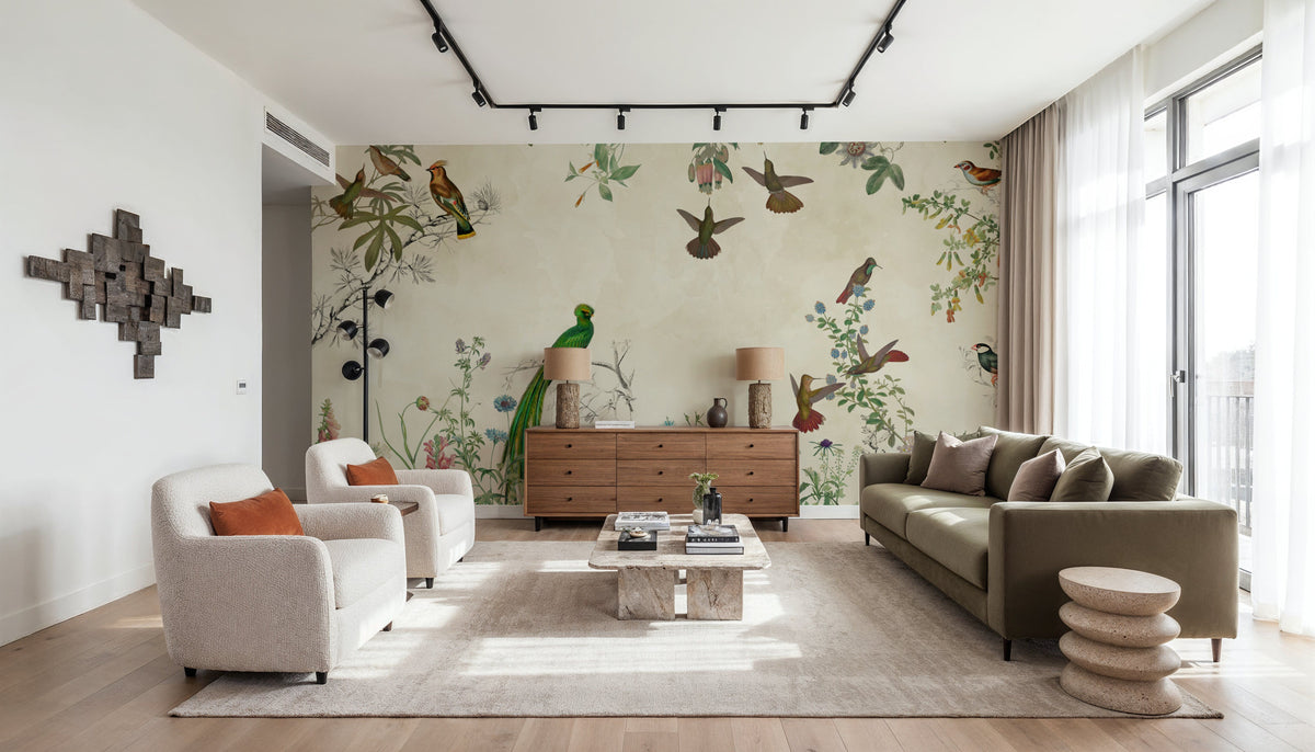 Fields of Birds and Flowers Mural Wallpaper - Warm Tone - room preview 04