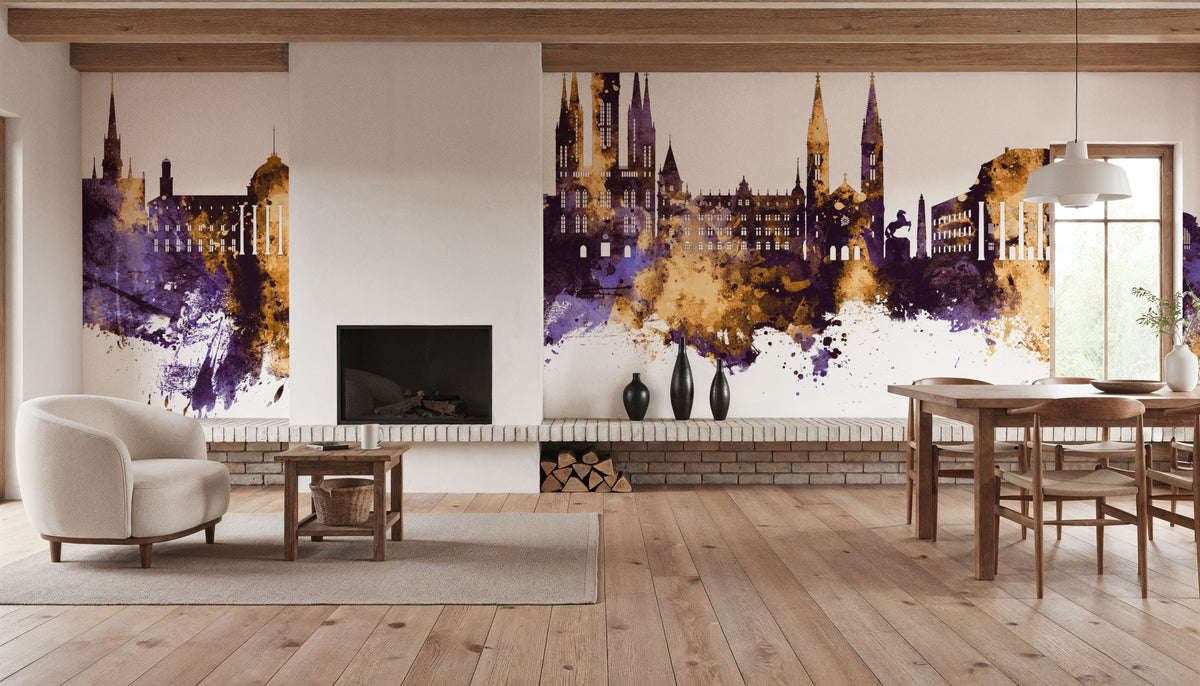 Weisbaden Germany Skyline Purple & Gold Mural Wallpaper - room preview 04