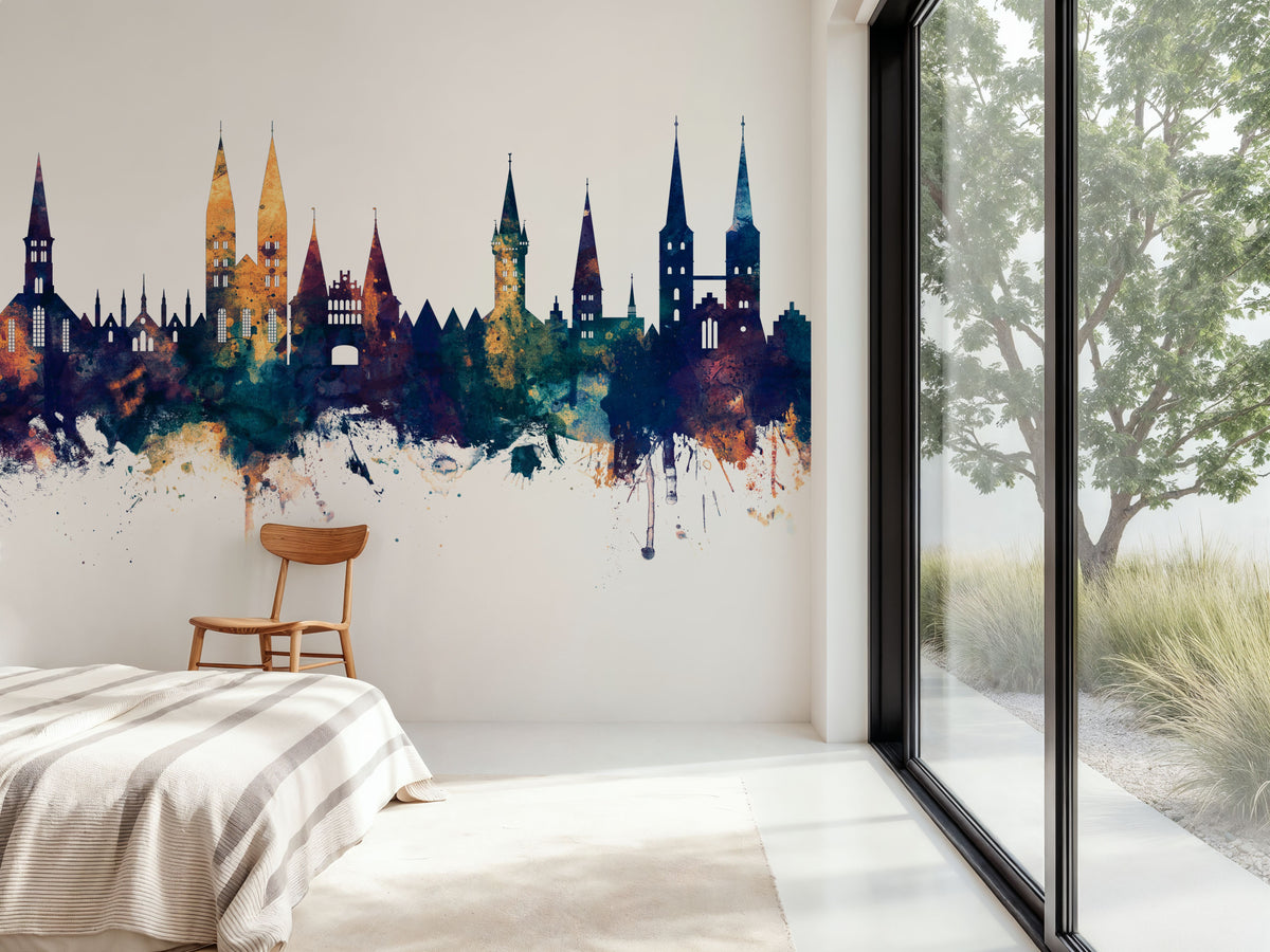 Lubeck Germany Skyline Blue & Bronze Mural Wallpaper - room preview 04