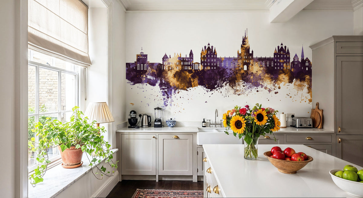 Egham England Skyline Purple & Gold Mural Wallpaper - room preview 04