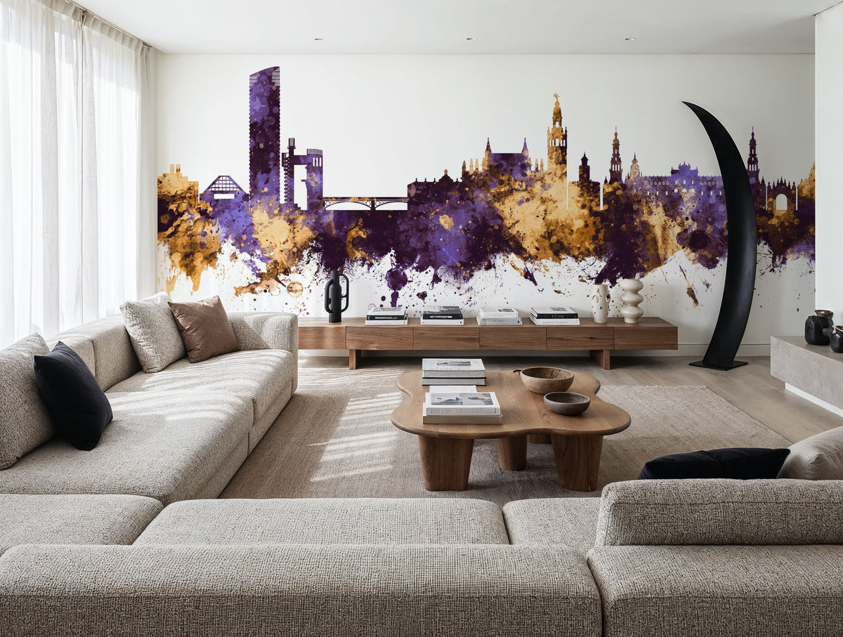 Sevilla Skyline Purple & Gold Mural Wallpaper - room preview 04