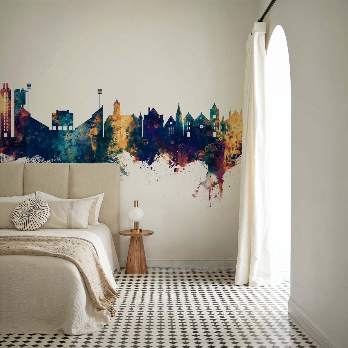 Lawrence Kansas Skyline Blue & Bronze Mural Wallpaper - room preview 04