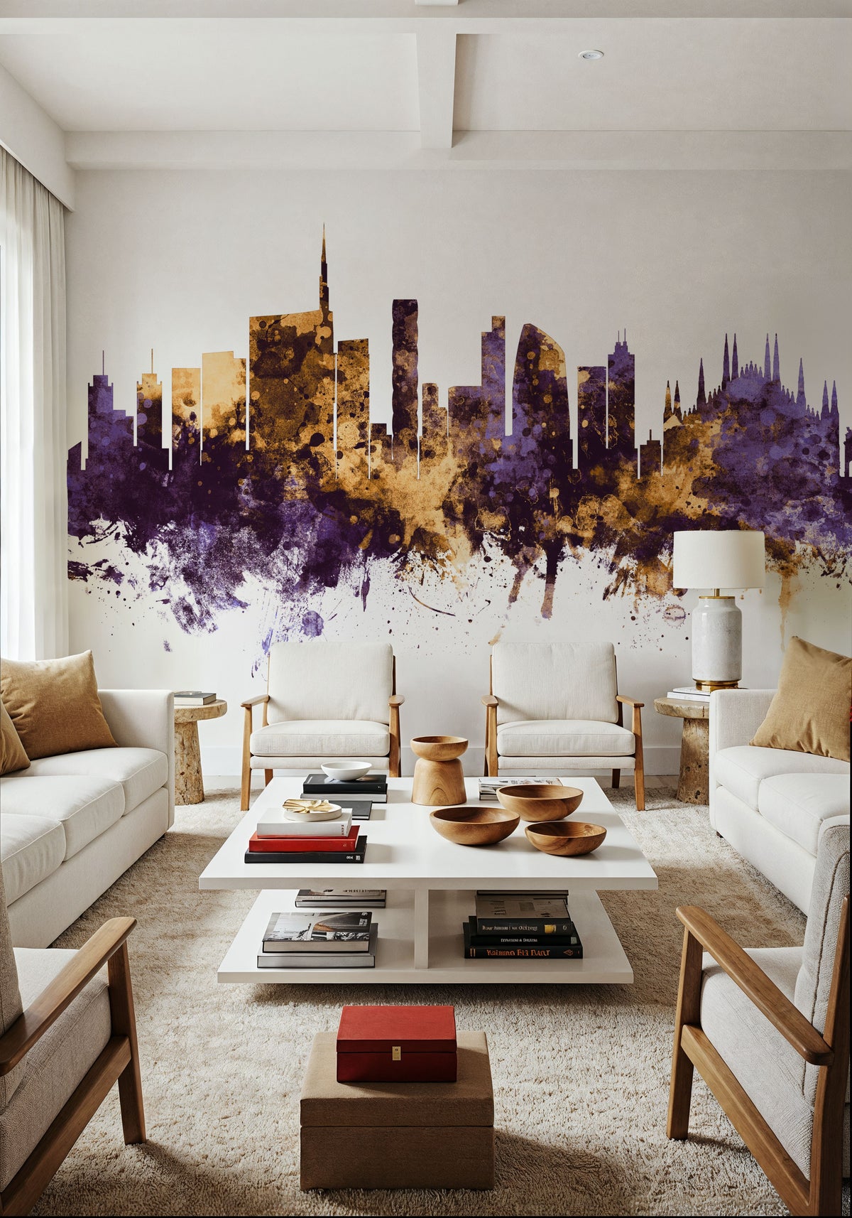 Milan Italy Skyline Purple & Gold Mural Wallpaper - room preview 04