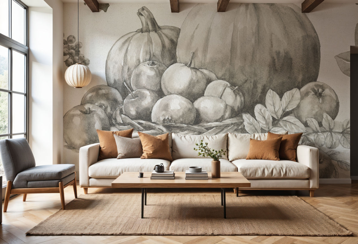 Bountiful Harvest IV BW Mural Wallpaper - room preview 04
