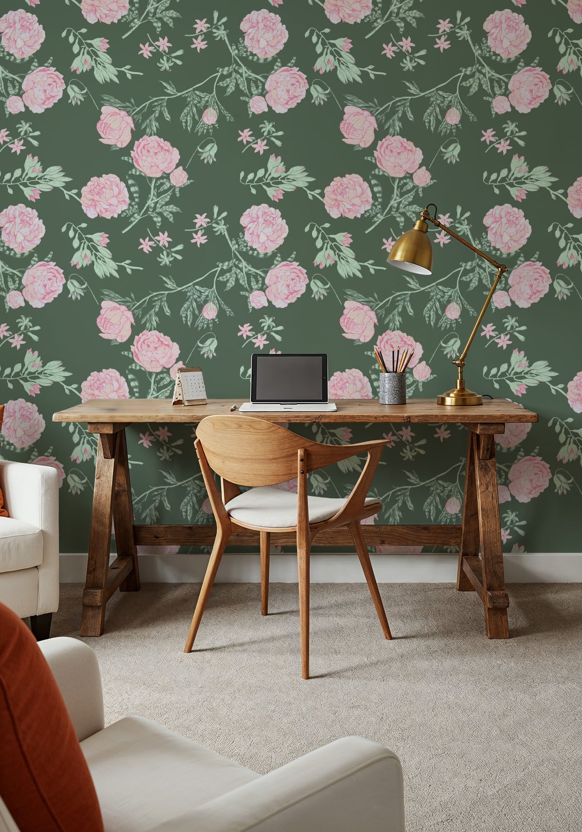 Peony Passion, Green Mural Wallpaper - room preview 04