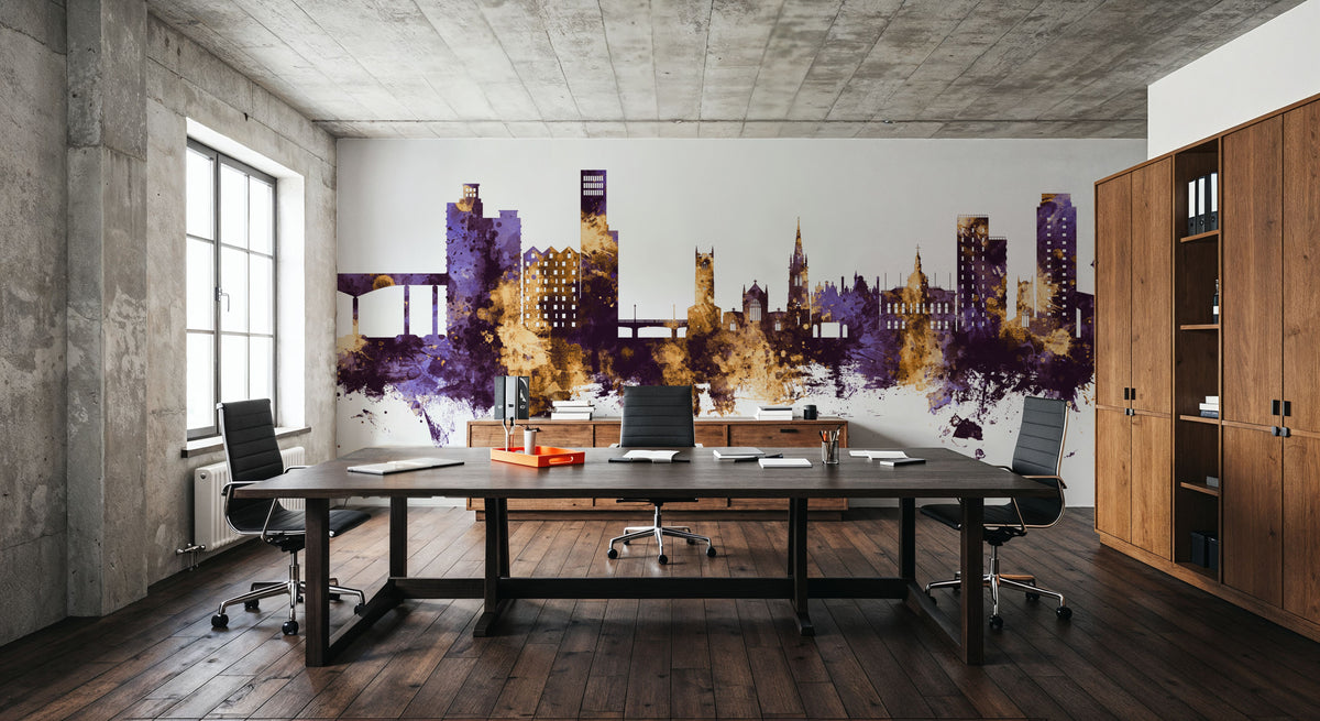 Ipswich England Skyline Purple & Gold Mural Wallpaper - room preview 04