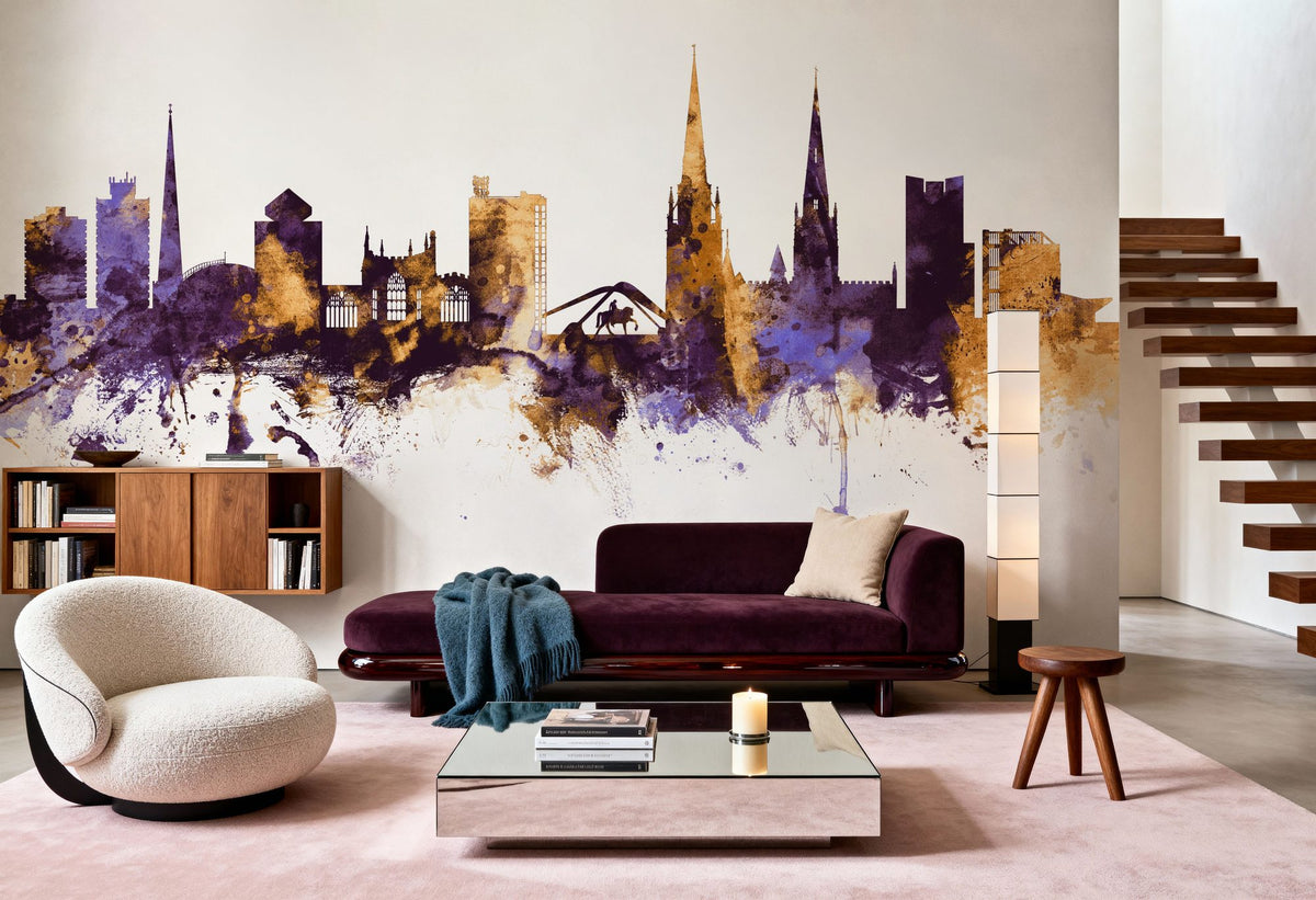 Coventry England Skyline Purple & Gold Mural Wallpaper - room preview 04