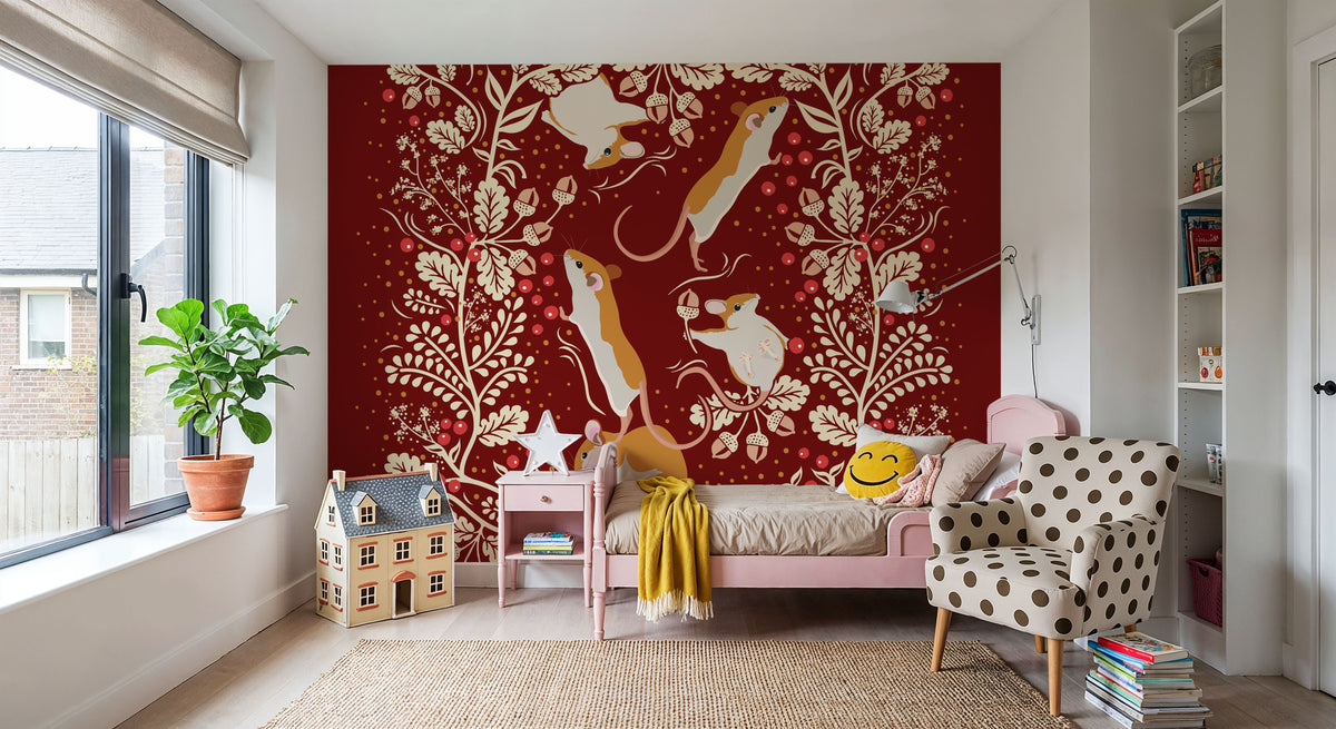 Holiday Mice, Red Mural Wallpaper - room preview 04