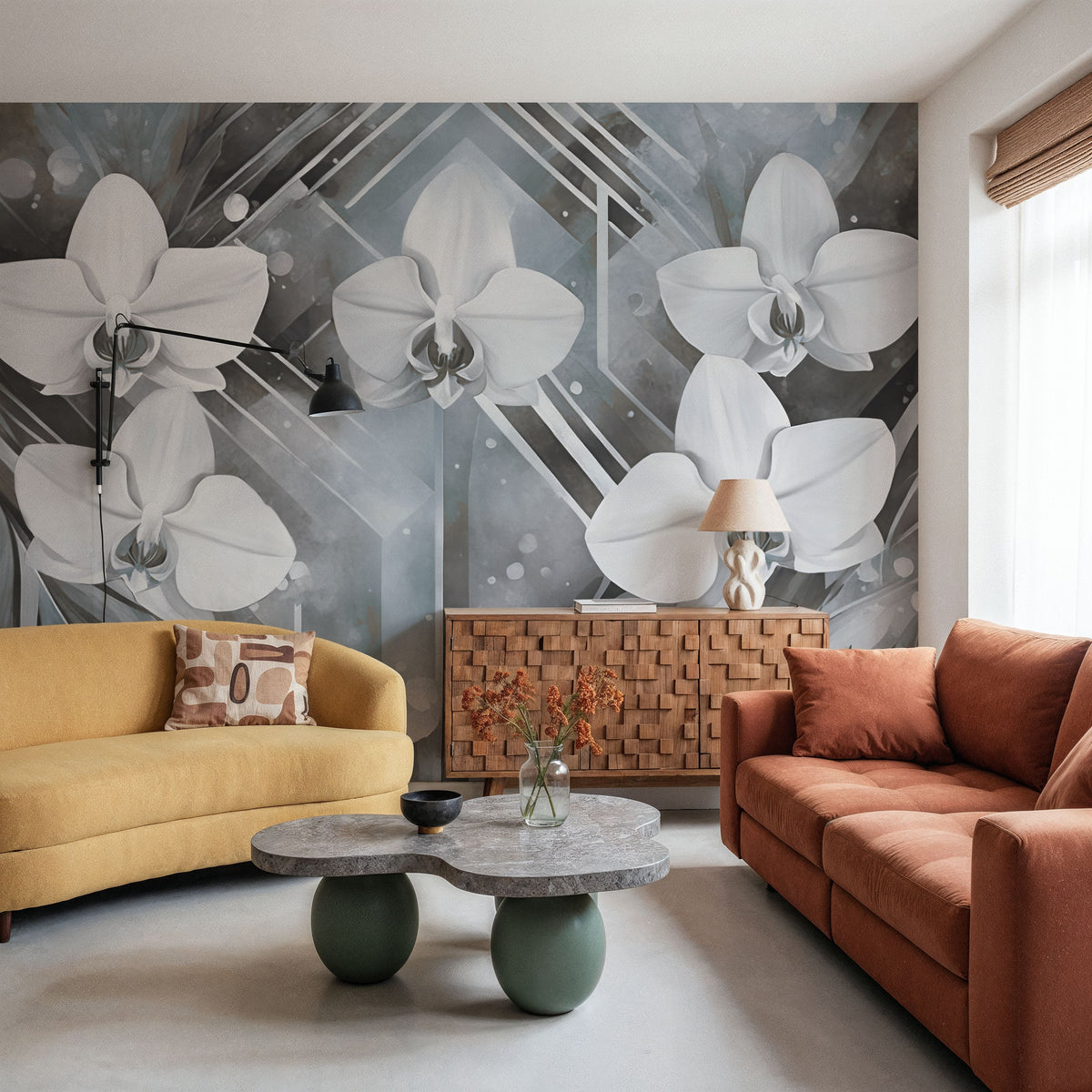 Geometry and Orchids Blue Mural Wallpaper - room preview 04