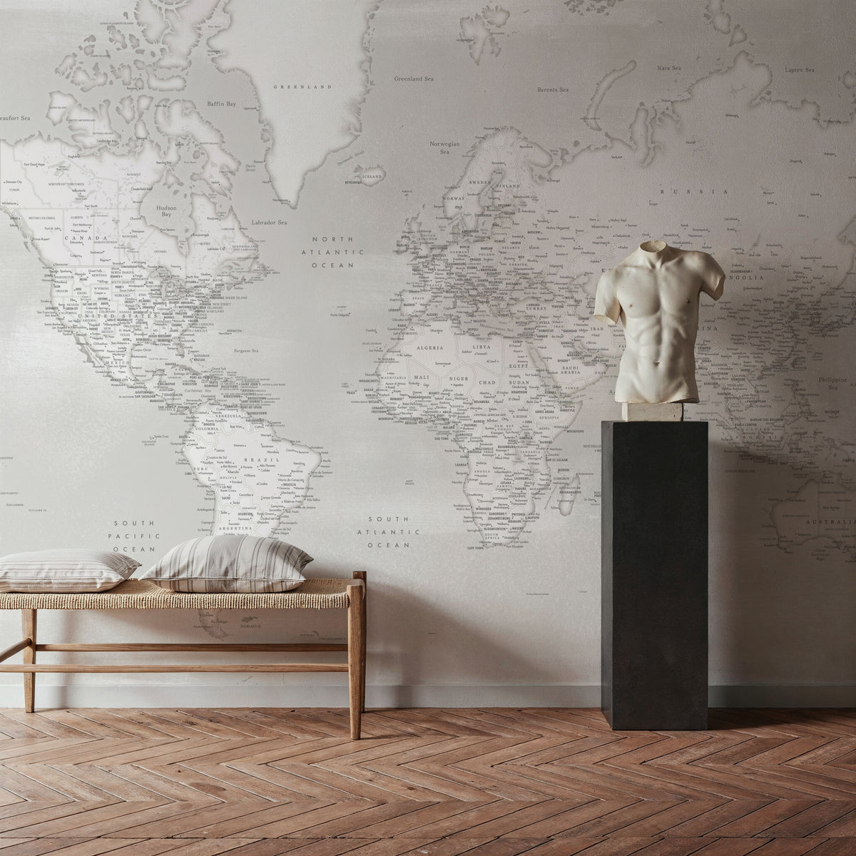 World Map Cities - Maeli Neutral Mural Wallpaper - room preview 04