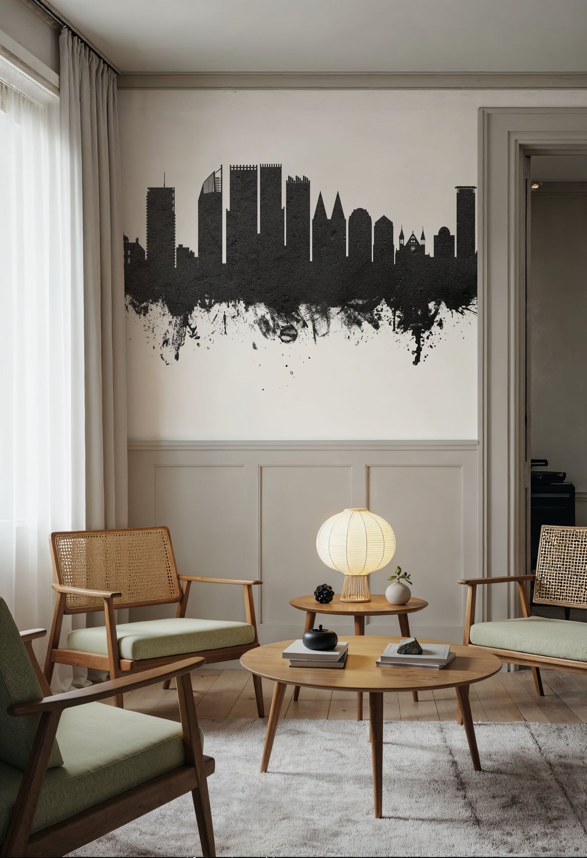 The Hauge Netherlands Skyline Black & White Mural Wallpaper - room preview 04