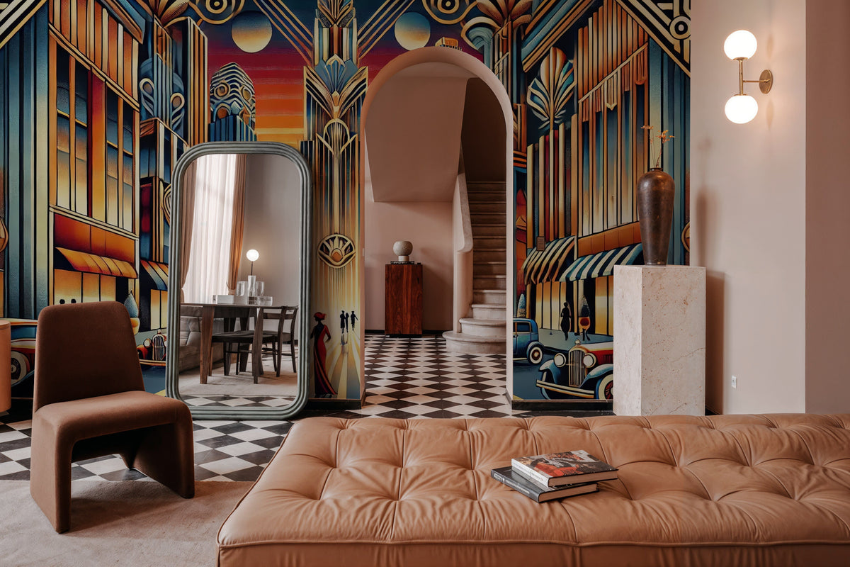 Elegant Art Deco Cityscape Mural Wallpaper - room preview 04