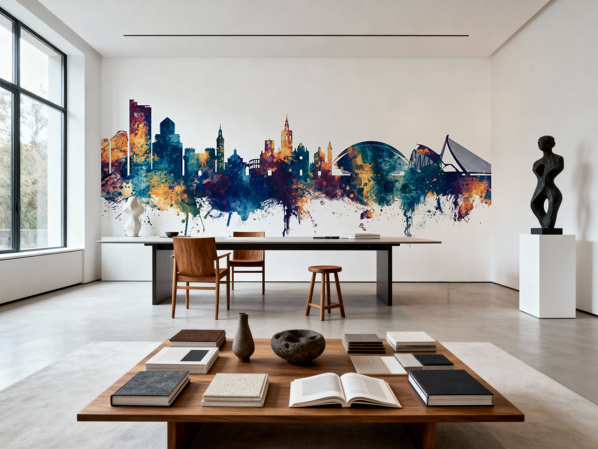 Valencia Spain Skyline Blue & Bronze Mural Wallpaper - room preview 04