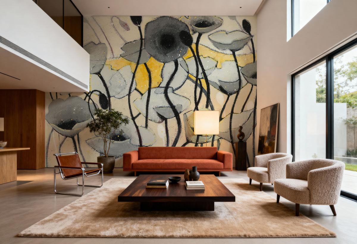 Snow Day Gray Flower Mural Wallpaper - room preview 04