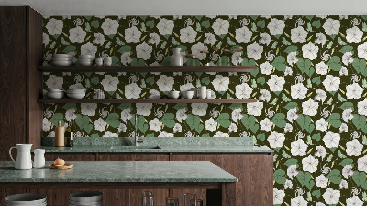 Moon Vine, Olive Green Mural Wallpaper - room preview 04