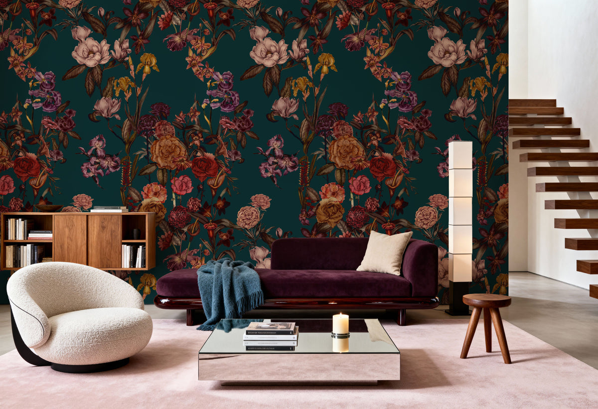 Floral Gaze, Dark Teal Mural Wallpaper - room preview 04