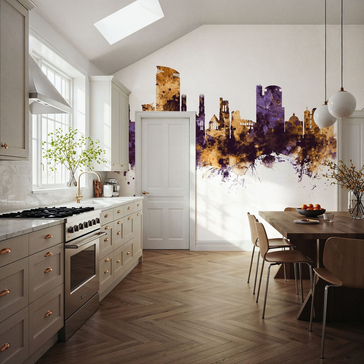 Swansea Wales Skyline Purple & Gold Mural Wallpaper - room preview 04