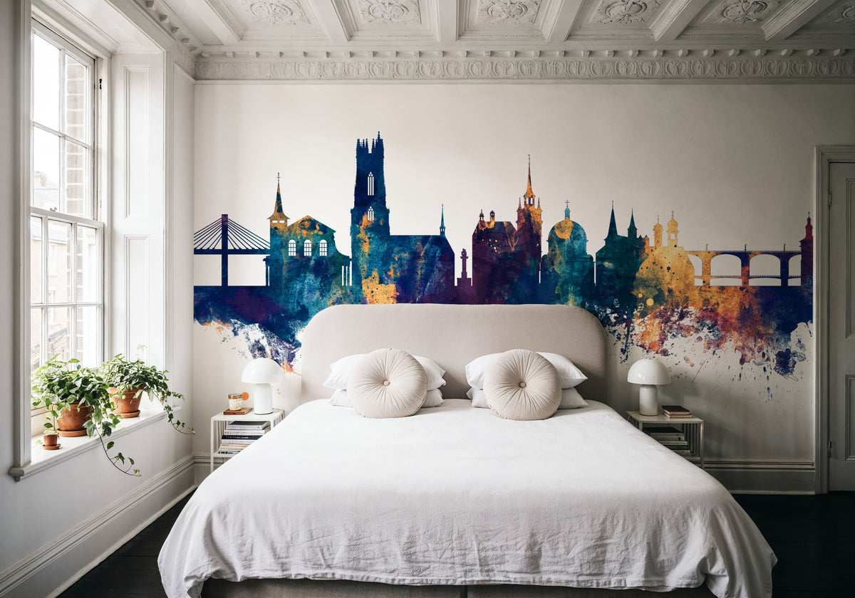 Fribourg Switzerland Skyline Blue & Bronze Mural Wallpaper - room preview 04