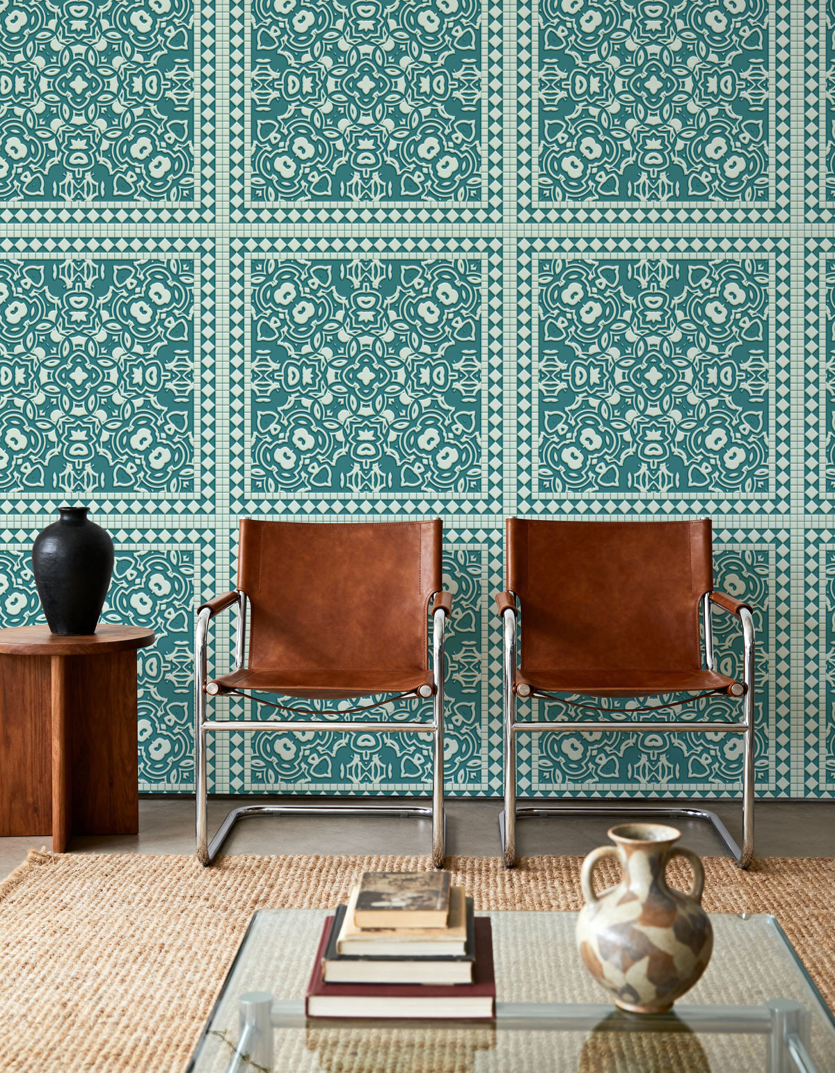 Mission Cement Tiles, Teal Mural Wallpaper - room preview 04