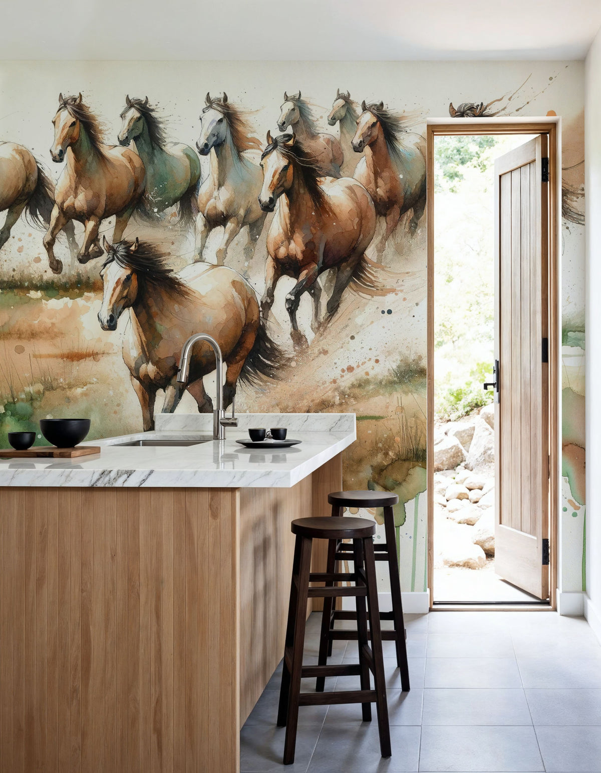 Horses Galloping Field Watercolor Mural Wallpaper - room preview 04
