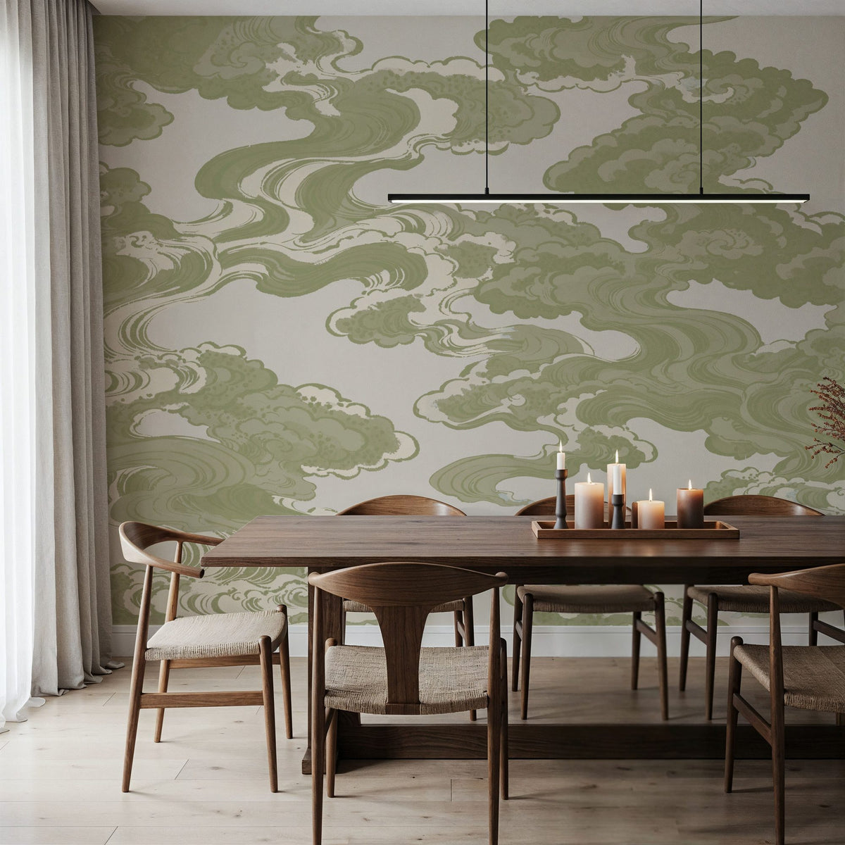 Ukiyo-e Clouds, Pistachio Mural Wallpaper - room preview 04