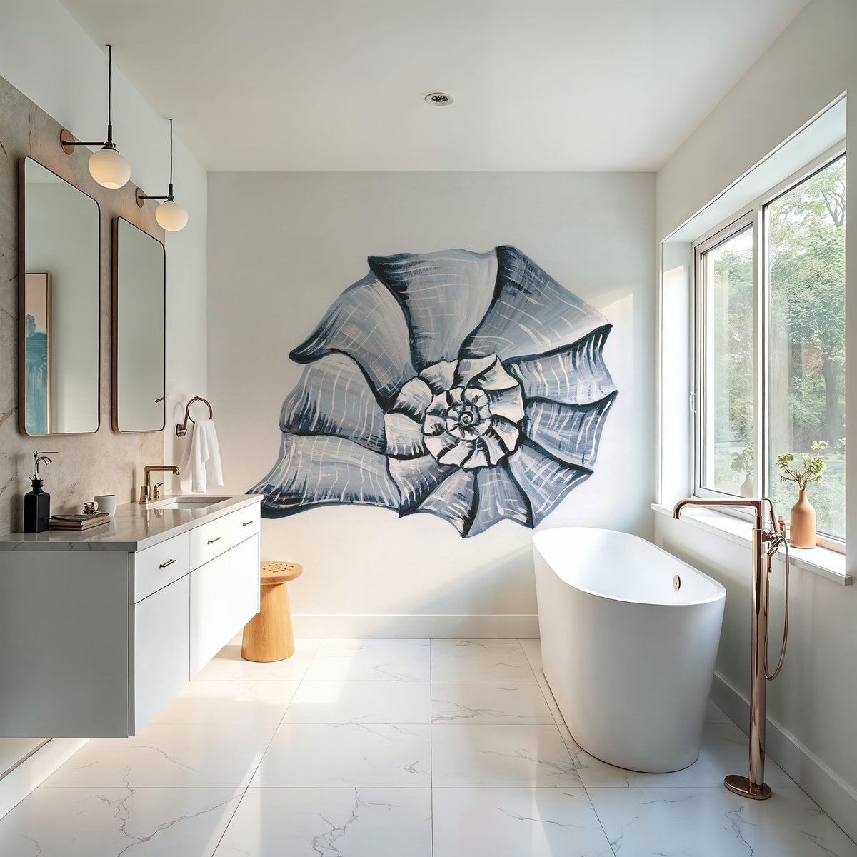 Coastal Harp Shell Navy Mural Wallpaper - room preview 04