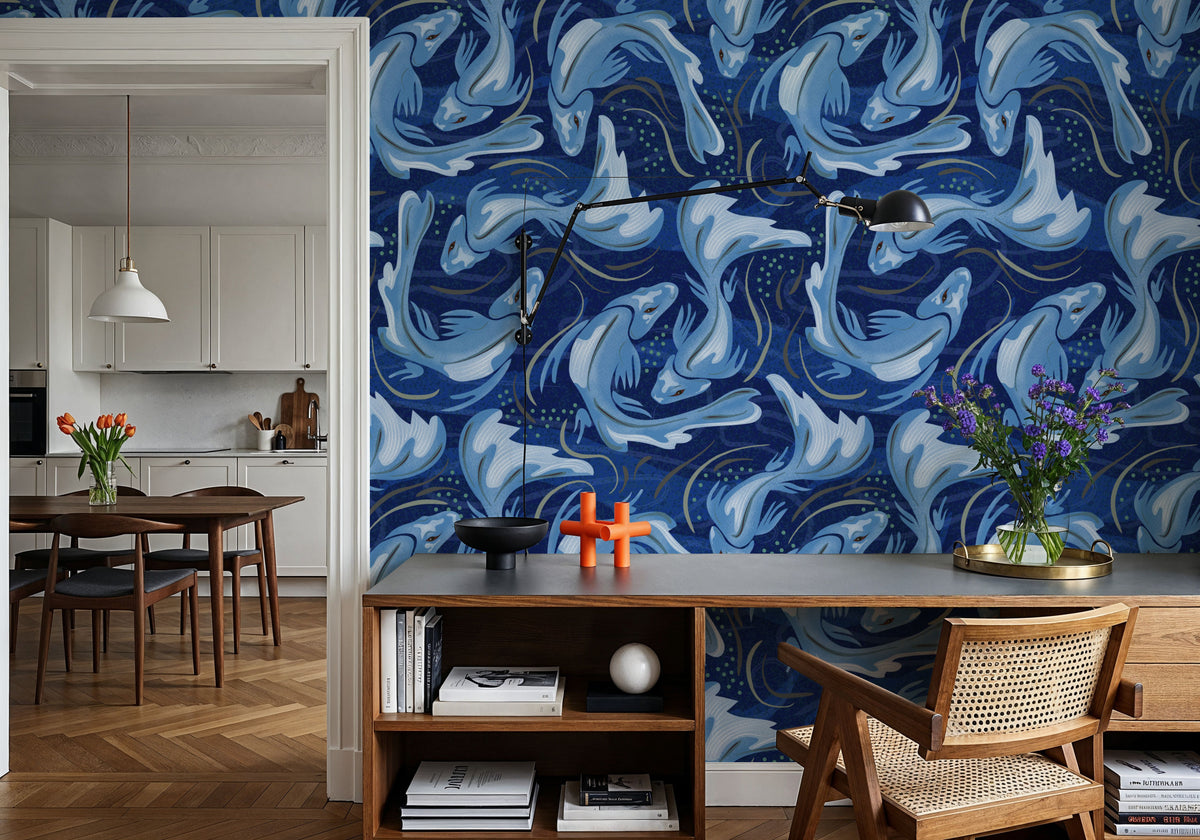 Koi Fish, Denim Mural Wallpaper - room preview 04