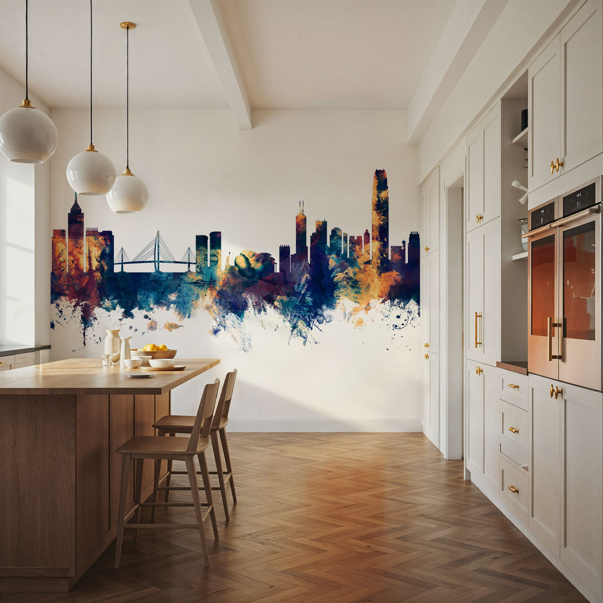 Hong Kong Skyline Blue & Bronze Mural Wallpaper - room preview 04