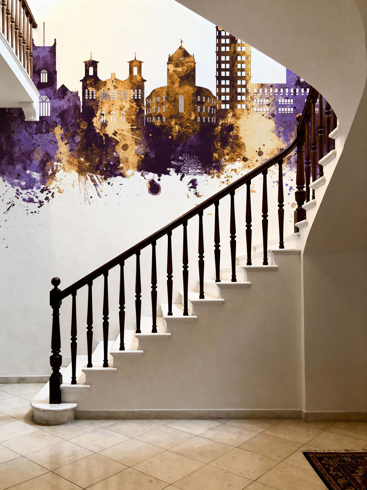 Kingston Upon Thames England Skyline Purple & Gold Mural Wallpaper - room preview 04
