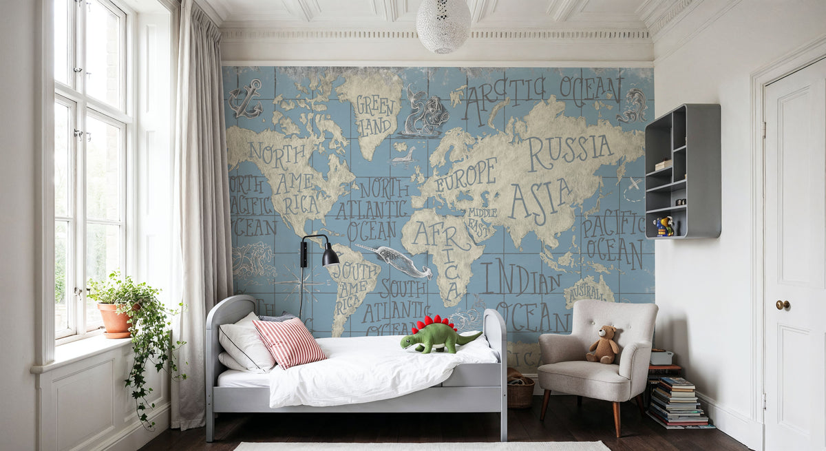 Mythical Map I Blue Mural Wallpaper - room preview 04