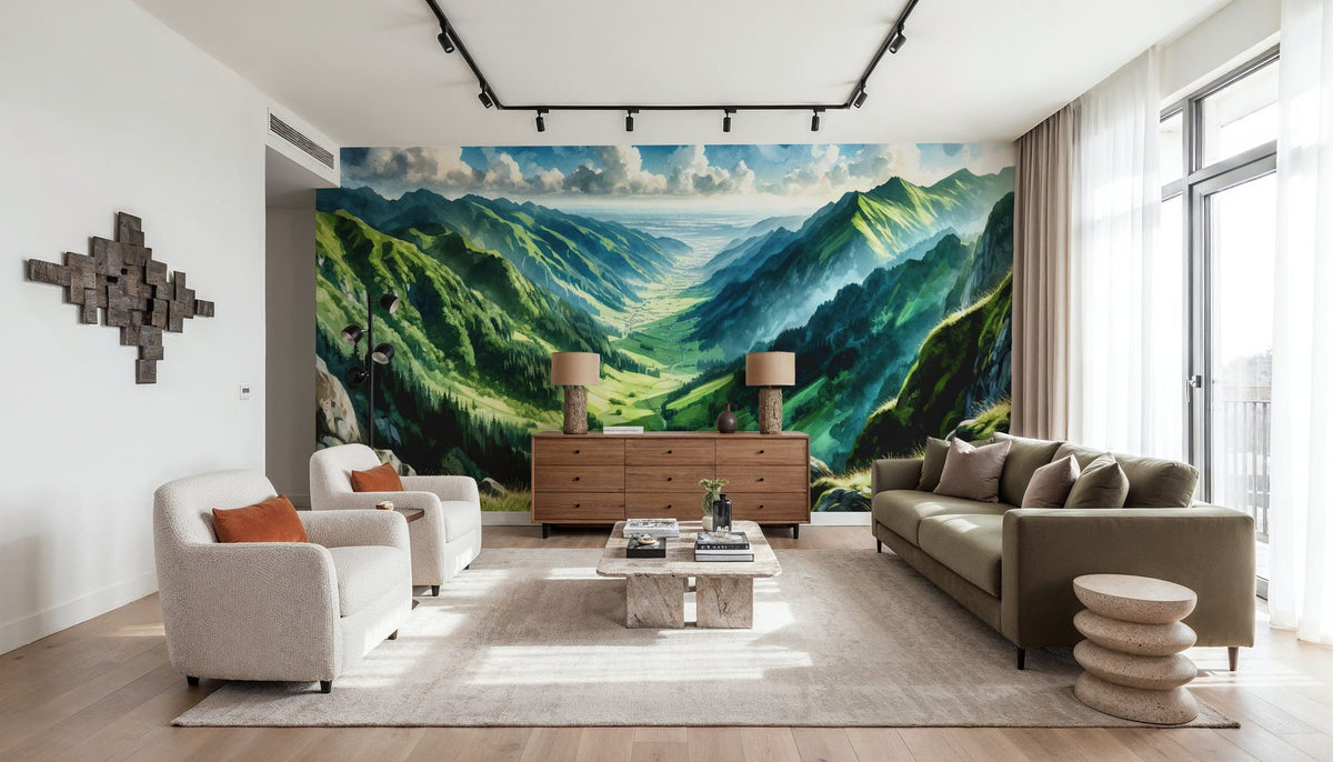 Expansive Mountain Valley Landscape Mural Wallpaper - room preview 04