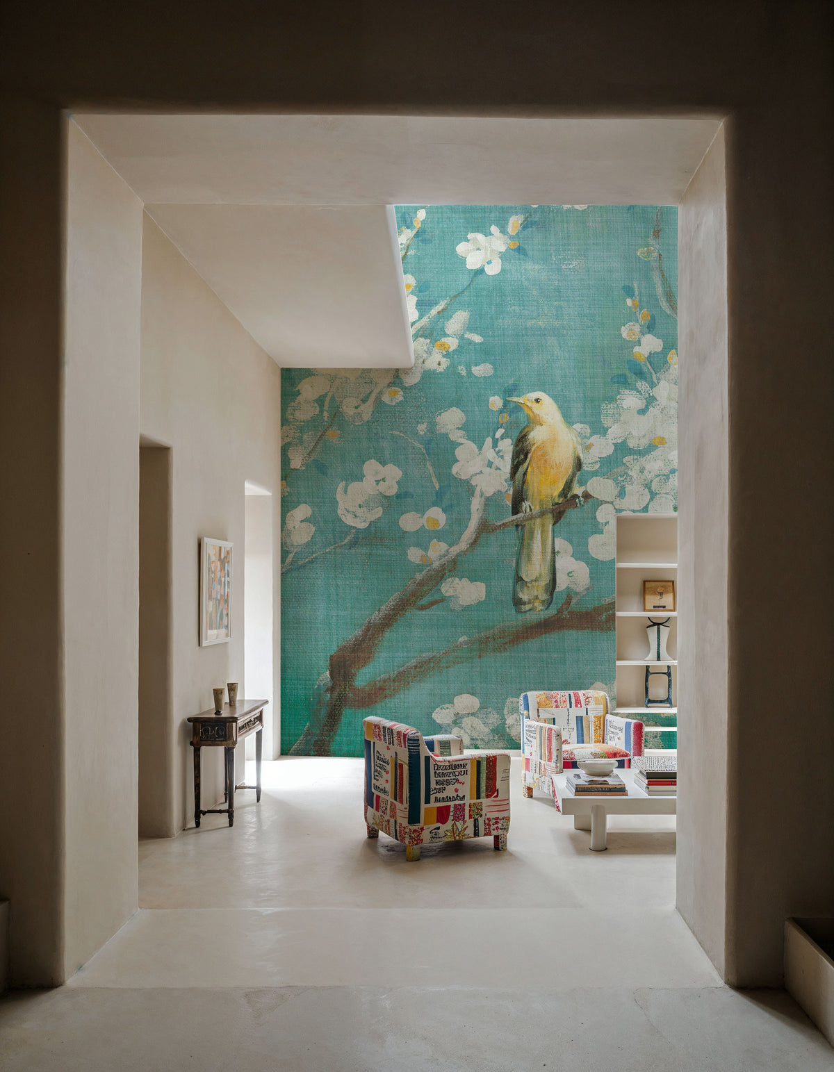 White Cherry Blossoms I on Blue Aged Mural Wallpaper - room preview 04