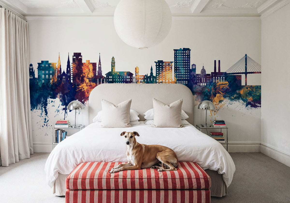 Savannah Georgia Skyline Blue & Bronze Mural Wallpaper - room preview 04
