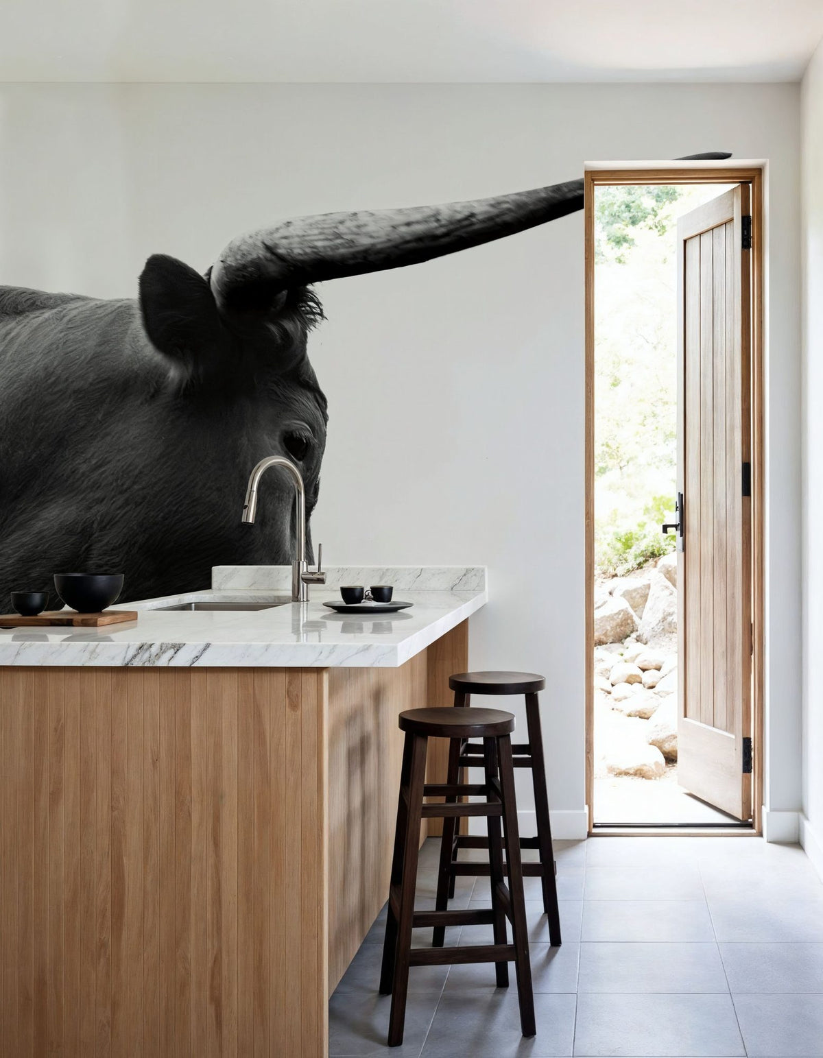 Longhorn Sunset Graze BW Mural Wallpaper - room preview 04