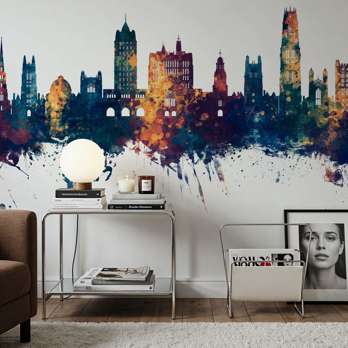 New Haven Connecticut Skyline Blue & Bronze Mural Wallpaper - room preview 04